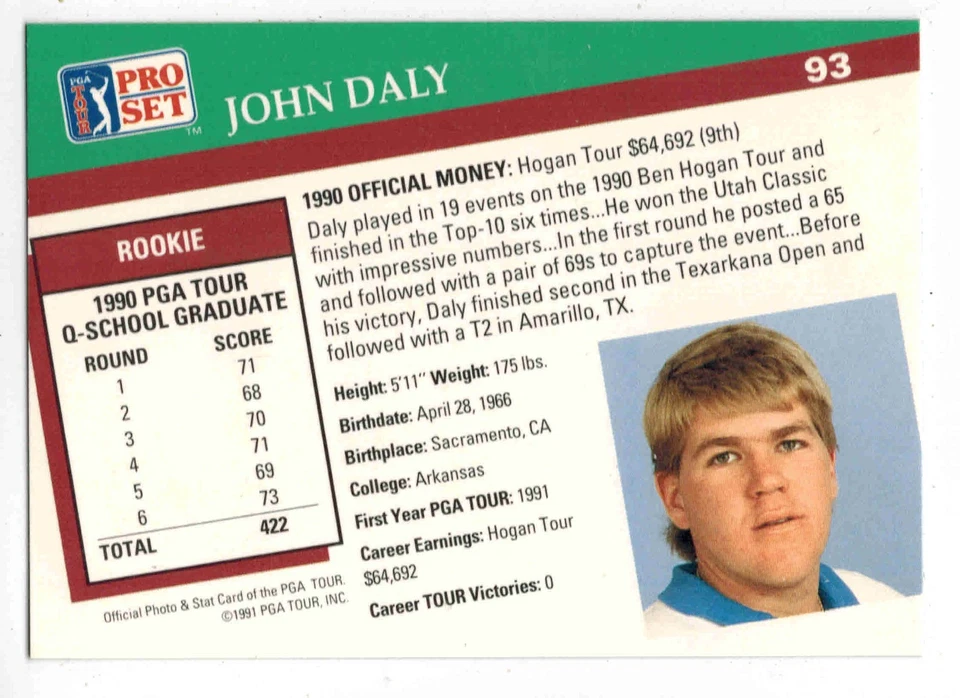 Tarjeta de novato John Daly 1991 Pro Set PGA Tour #93 Foto 2 de 2