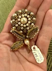 Miriam Haskell Signed Gold Tone Faux Pearl Flower Brooch Pin