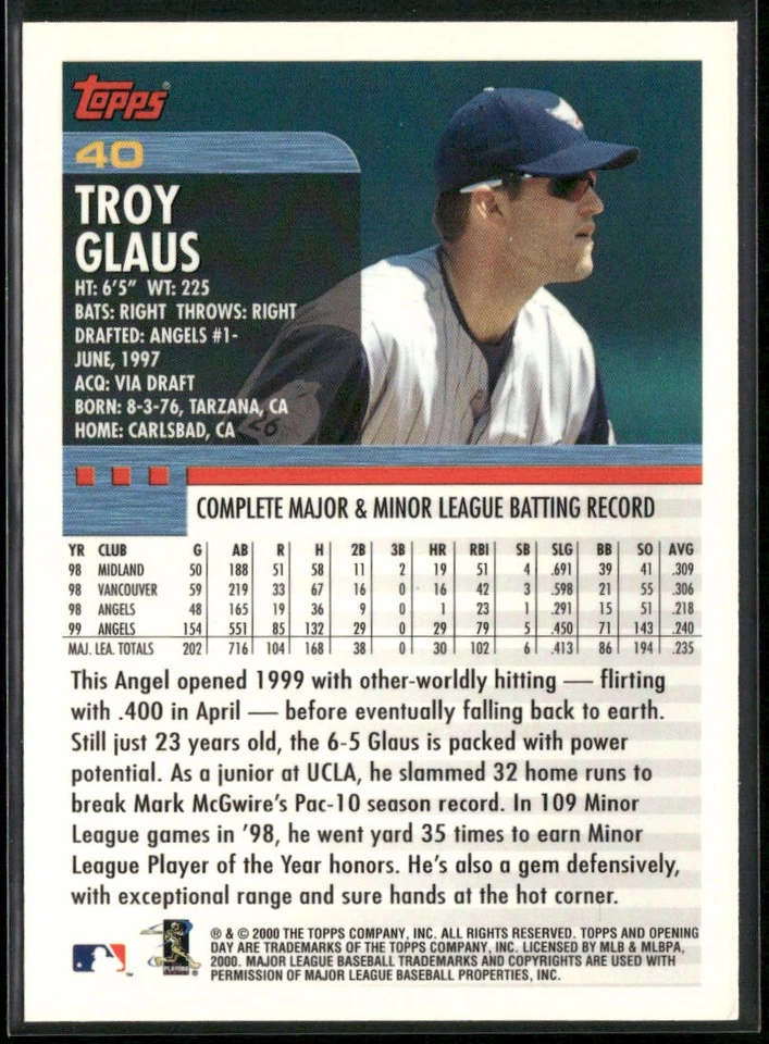 Troy Glaus 2000 Topps Opening Day #40 Anaheim Angels - Image 2 of 2