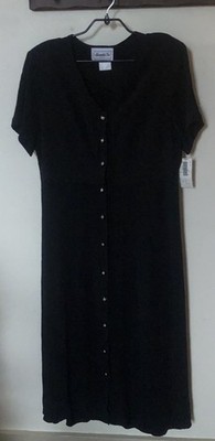 Vtg Alexandra Lee 14P Black Crepe Short Sleeve Button Up Long Dress Goth Cottage