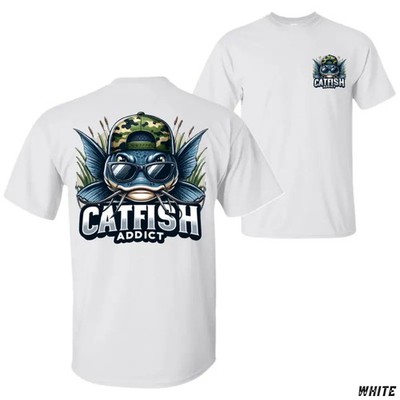 Catfish Addict T-Shirt, Bold Catfish Graphic Tee with Camo Hat, Soft Cotton Shir
