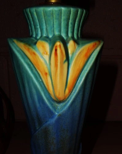 ROSEVILLE ART POTTERY FACTORY LAMP BLUE GREEN SATIN GOLD FOIL LABEL MINT!