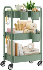 3-Tier Rolling Cart, Green, 66 Pounds Capacity, Mesh Storage Organizer with L...