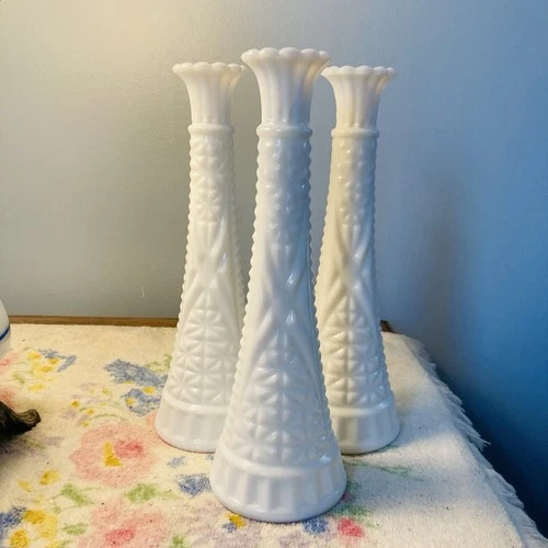 3 Vintage Anchor Hocking Milk Glass Stars & Bars Flower Bud Vase 9" Tall