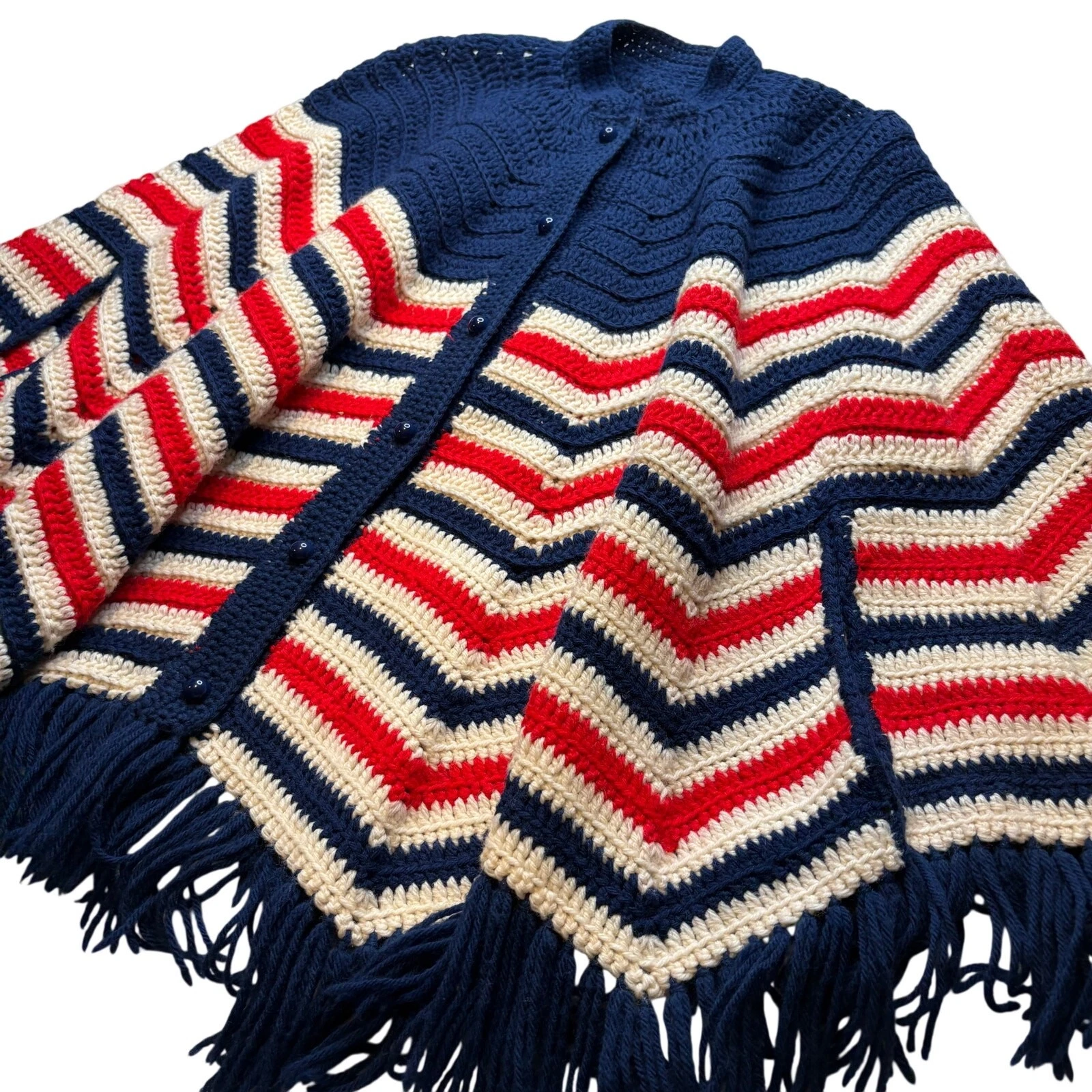 Vintage Handmade Knitted Poncho with Red,White, and Blue Chevron Stripes Fringe