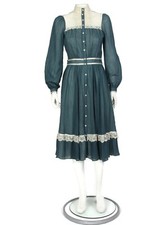 Gunne Sax Jessica McClintock Vtg 70s Prairie Dress Ivory Lace Blue Maxi XS/S 884