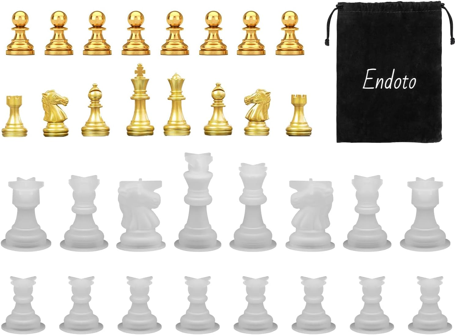 Endoto Resin Chess Pieces Mold Set, 16 Pieces Full Size 3D Silicone Chess Molds