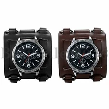 Mens Steampunk Retro Genuine Leather Gothic Wide Bracelet Cuff Sport Wrist Watch