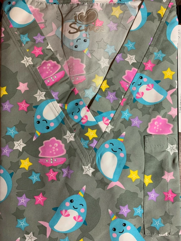 SCRUB TOP SIZES: M, L, XL, 2XL HAPPY NARWHAL NWT NURSE MEDICAL VET TECH CNA - Image 2 of 4