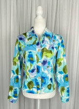 Coldwater Creek Sz S Blue Watercolor Floral Cotton Blend Button Up Jacket