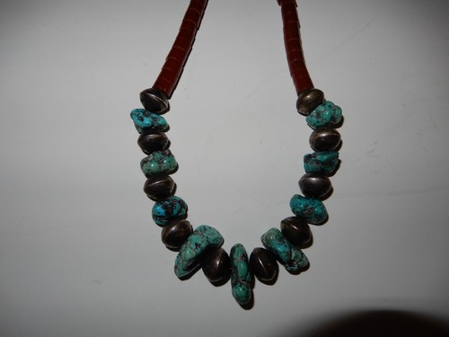 TURQUOISE NAVAJO VINTAGE 1970'S TURQUOISE NUGGETS SILVER & HEISHI PIPE STONE - Picture 2 of 4