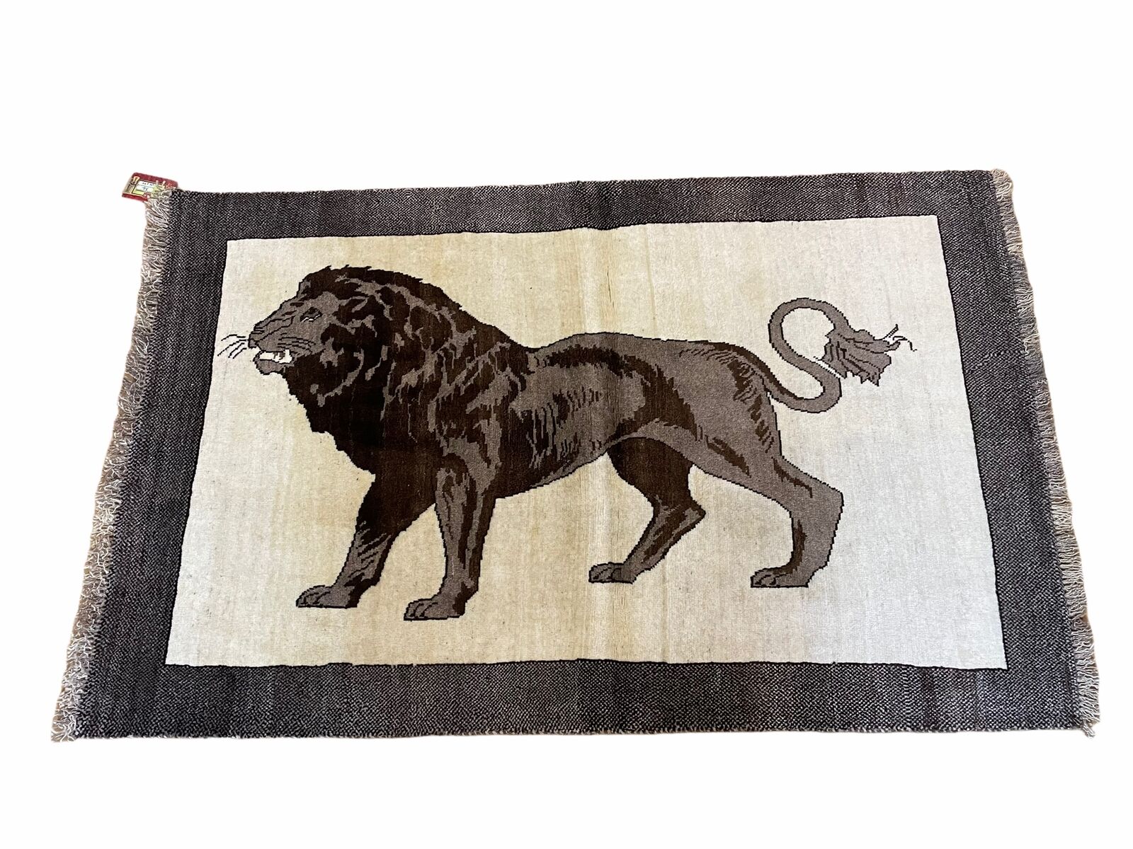 3 x 5 Handmade Rug Brown Beige Hand-Knotted Lion Rug New Vintage Quality Animal