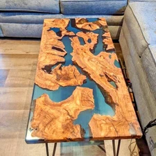 Luxury Blue Epoxy Resin Couch Center Table Top, Wooden Epoxy Center Home Decors