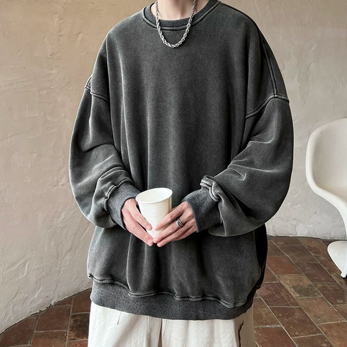 Men Crew Neck Sweatshirt Oversized Sweatshirt Vintage Loose