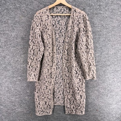 Unbranded Top Women M Medium Gray Floral Crochet Open Front Long Sleeve Casual