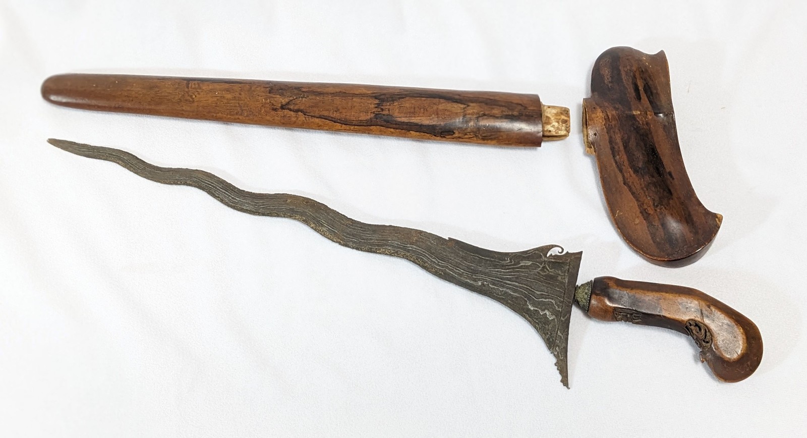 Vintage Indonesian Keris Kris Dagger Knife & Scabbard 14" Damascus Blade (2)