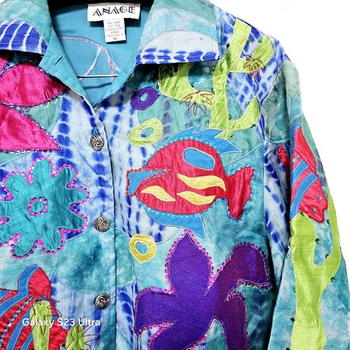 Vintage ANAGE Blue 100% Silk Nautical Embroidered Beaded Shirt Jacket Women’s XL - Picture 4 of 11