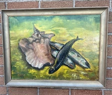 Vintage Oil Painting Conch Shell Fish  Jonas ?  Devoe Art  Sea Ocean Beach