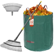 73" Garden Leaf Rake Set 25 Tines 18" Wide with 32 Gallon Reusable Bag