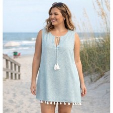 Tahari Women Swim Cover XL Blue White Striped Linen Blend Tassels Beachy Casual