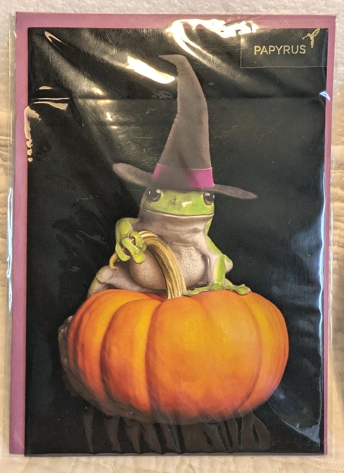 Papyrus Lot of 3 Halloween Greeting Cards Frog w/Hat on Pumpkin, Webs Skull NEW! - Image 4 of 4