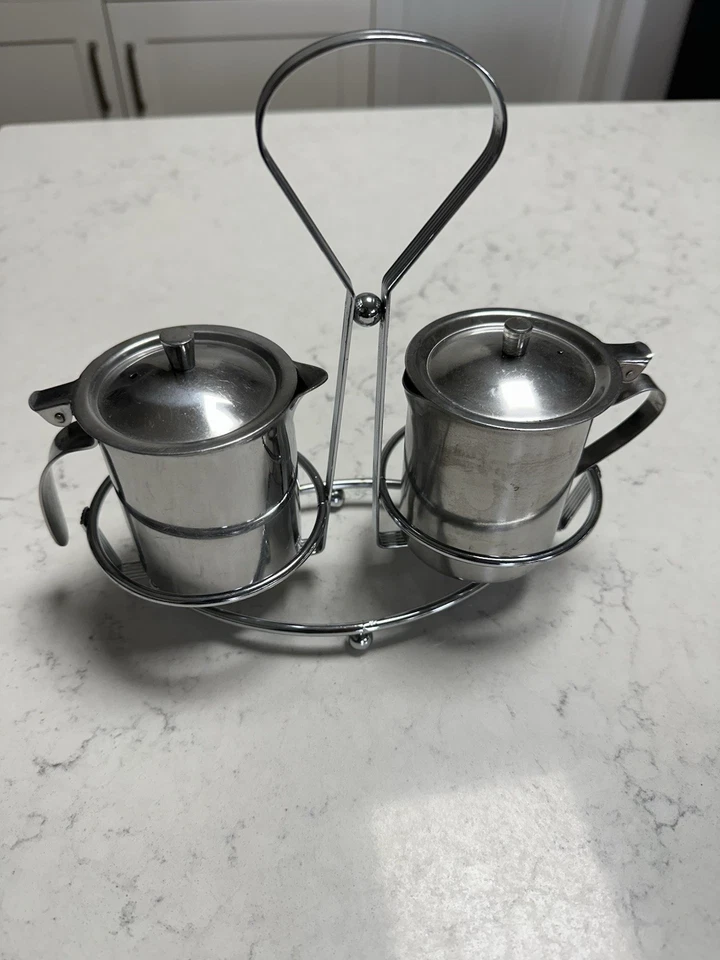 Juego de barra de café vintage de acero inoxidable crema y azúcar con bandeja Foto 2 de 4