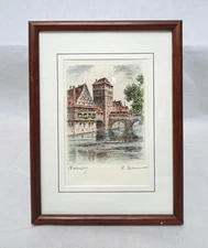 Framed Pencil Etching Original Art Nuremburg Germany Hangman's Bridge 7.5x5.5"