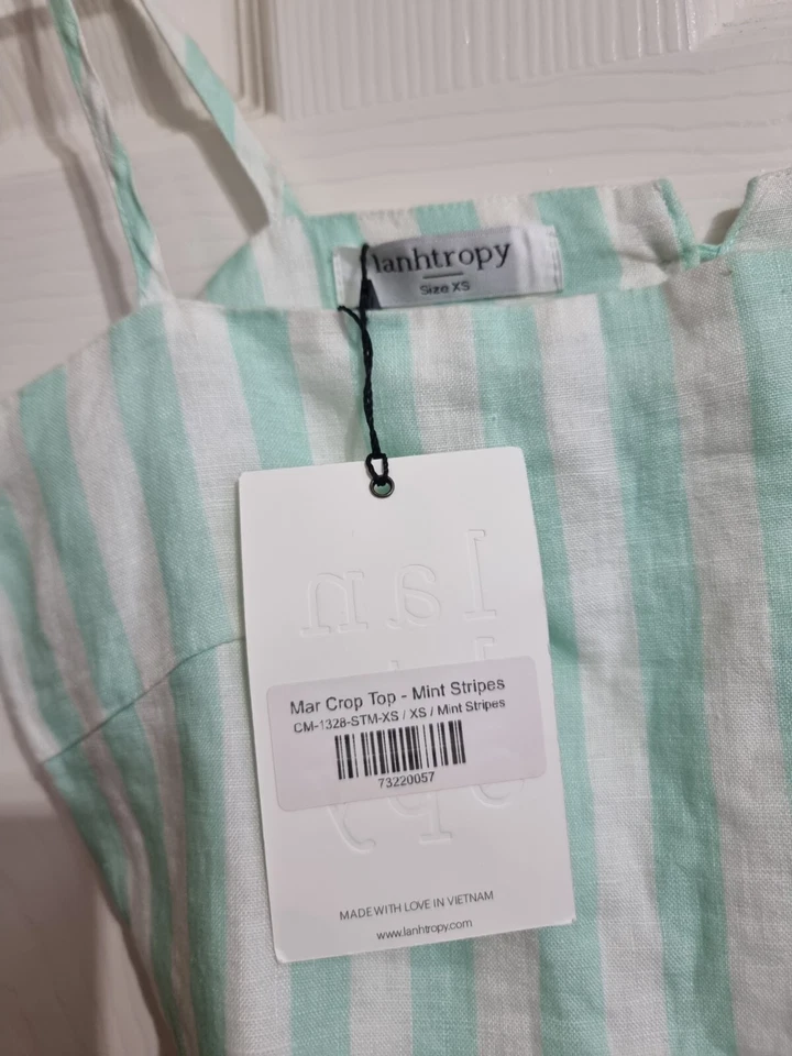 Lanhtropy Linen Striped Crop Top Strappy Blouse Mint Green White Size XS $225 - Image 3 of 4