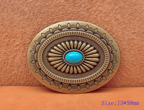 Vintage Brass Southeast Indian Tribal Flower Turquoise Leather Belt Buckle Huge - Picture 3 of 10