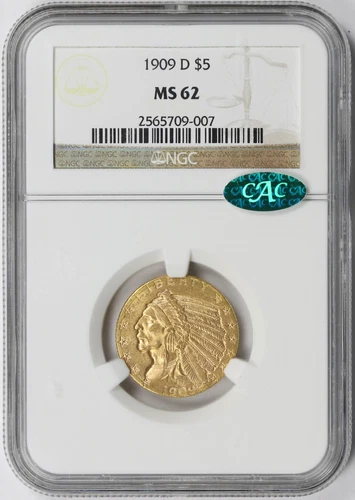 1909-D $5 Indian Gold Half Eagle NGC CAC MS62