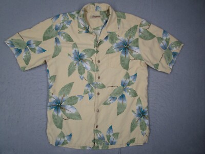 Tommy Bahama Shirt Mens Medium Yellow Silk Camp Button Up Hawaiian Loop Collar