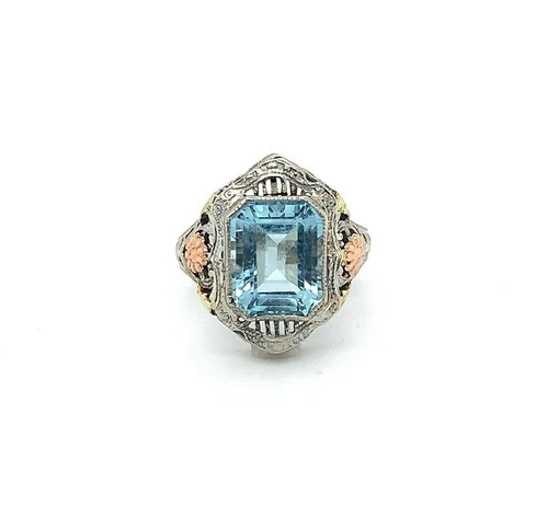 10k Tri-Color Gold 3.28ct Genuine Natural Aquamarine Filigree Ring (#J5336)