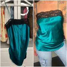 VTG FREDERICKS OF HOLLYWOOD SATIN SLIP DRESS CAMI LACE Y2k SMALL TEAL 2000s