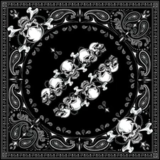 Zan Headgear Bandanna Black Skull Row B140 100% COTTON 22"x22"