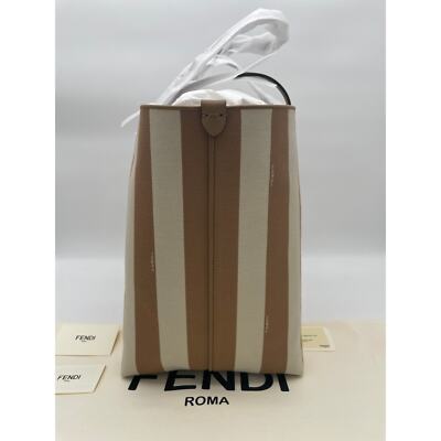 NEW FENDI FF ROLL BEIGE STRIPE REVERSIBLE LARGE TOTE BAG NWT
