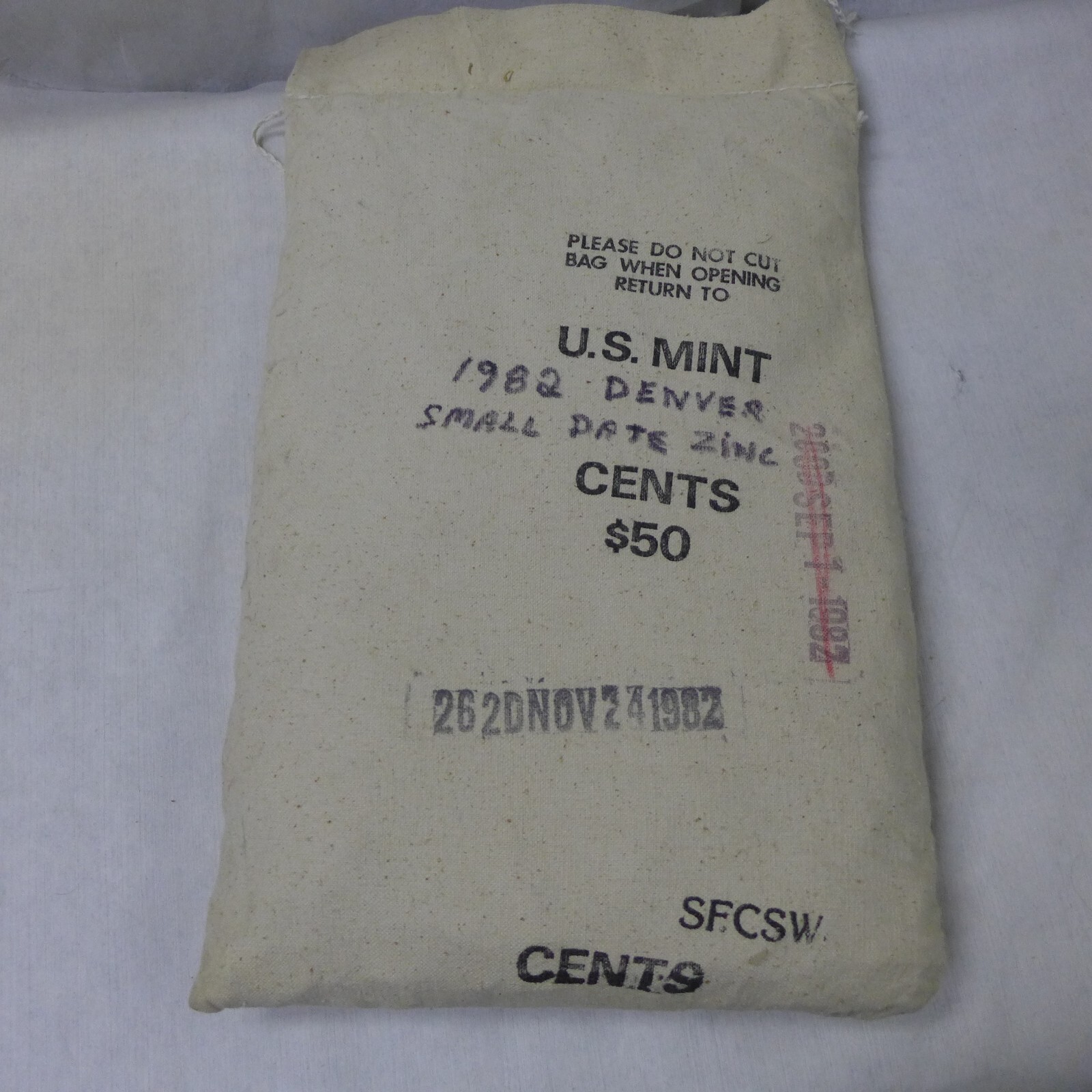 1982D SD MintSewn Bag of Lincoln Cents Pennies; 5000 count, 50 face