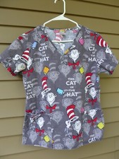 Dr. Seuss Scrub Top Ladies Small Cat In The Hat Books Gray SM Women's Veterinary