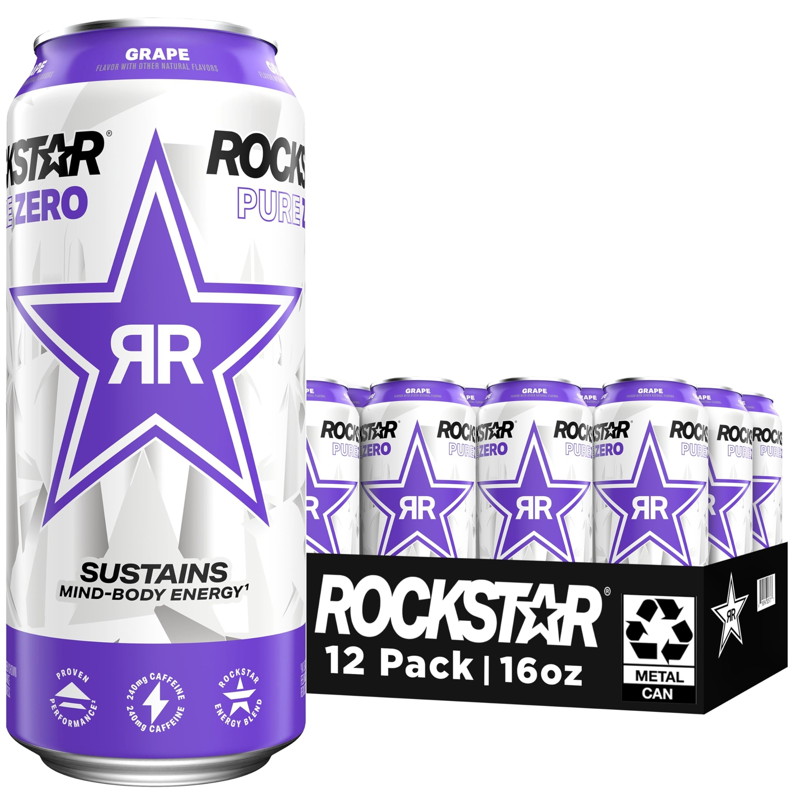Rockstar Pure Zero Energy Drink Grape 0 Sugar with Caffeine and Taurine 16oz ...