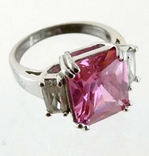Sterling Silver Pink and White CZ Three Stone Ring 925 Cubic Zirconia Size 5.25