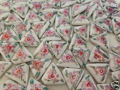 Vintage Cloisonné Chinese Porcelain Floral Triangle Beads, Approx. 17x18mm, 2PCs