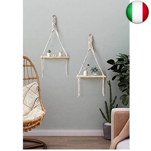 Afuly Mensole da Muro Legno Grezzo Boho Macrame Design Bagno/Cameretta/Balcone - Foto 5 di 9