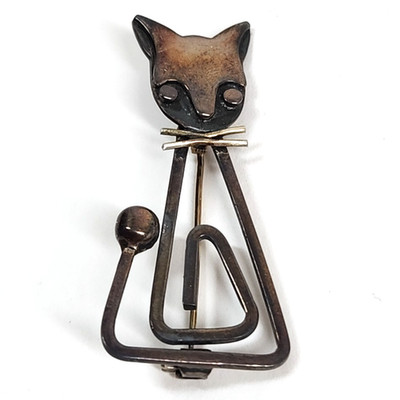 Vtg Taxco Orvelo 925 Sterling Silver Cat Brooch Pin Modernist MCM Mexico Signed