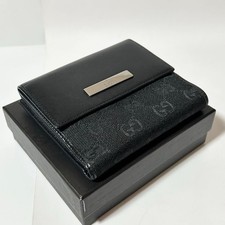 GUCCI GG Logo Black Canvas Bifold Wallet leather trim pigskin inside Authentic