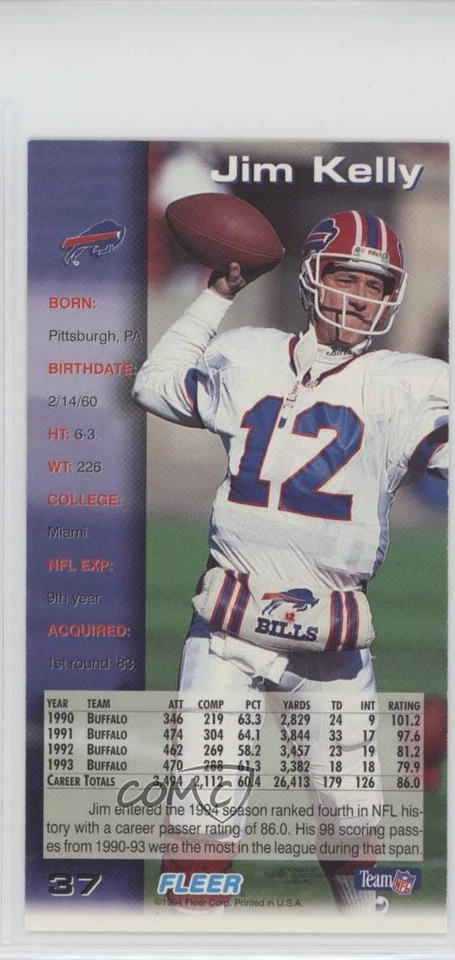 1994 Fleer GameDay Jim Kelly #37 HOF - Image 2 of 2