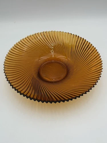 Vtg MCM Honey Amber Console Fruit Bowl Art Glass Swirl Ribbed 11” Sawtooth