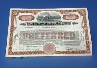 Missouri Kansas Texas Railroad Pref Stock 1938 The Katy Depression Era Issued