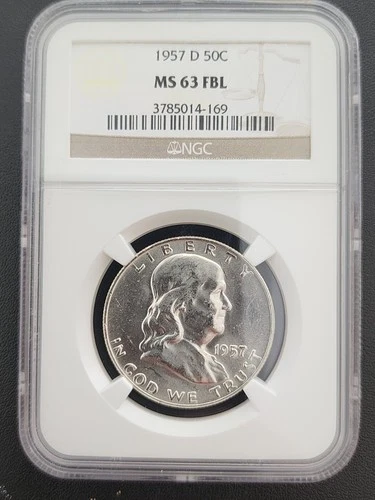1957 D 50C Silver Franklin Half Dollar NGC MS 63 FBL White with New Holder
