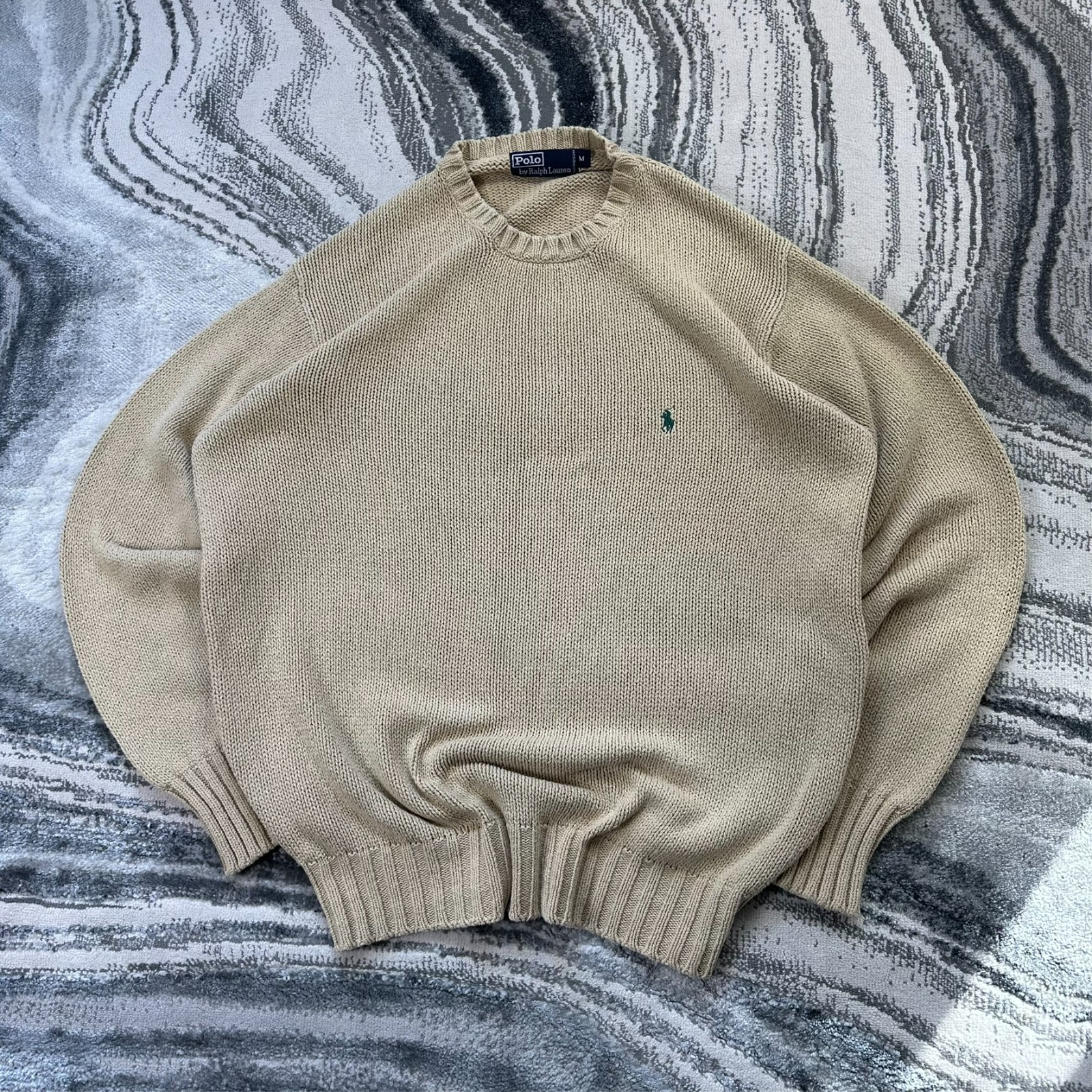 VTG Polo Ralph Lauren 90's Beige Oversized Medium Heavyweight Tight Knit Jumper