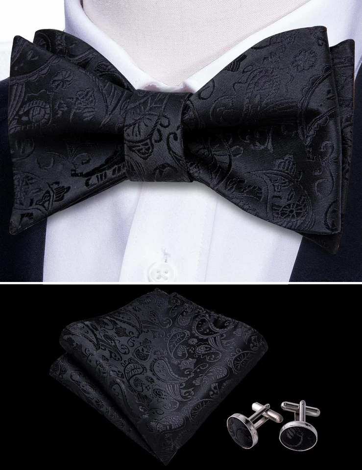 Black Paisley Mens Bowtie Selftied Bow Ties Hankie Cufflinks Set Wedding Event - Image 2 of 2