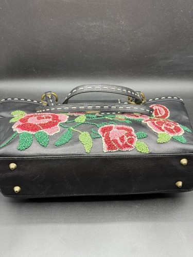 Isabella Fiore Black Pink Floral Beaded Embroidered Shoulder Bag Purse - Picture 4 of 15